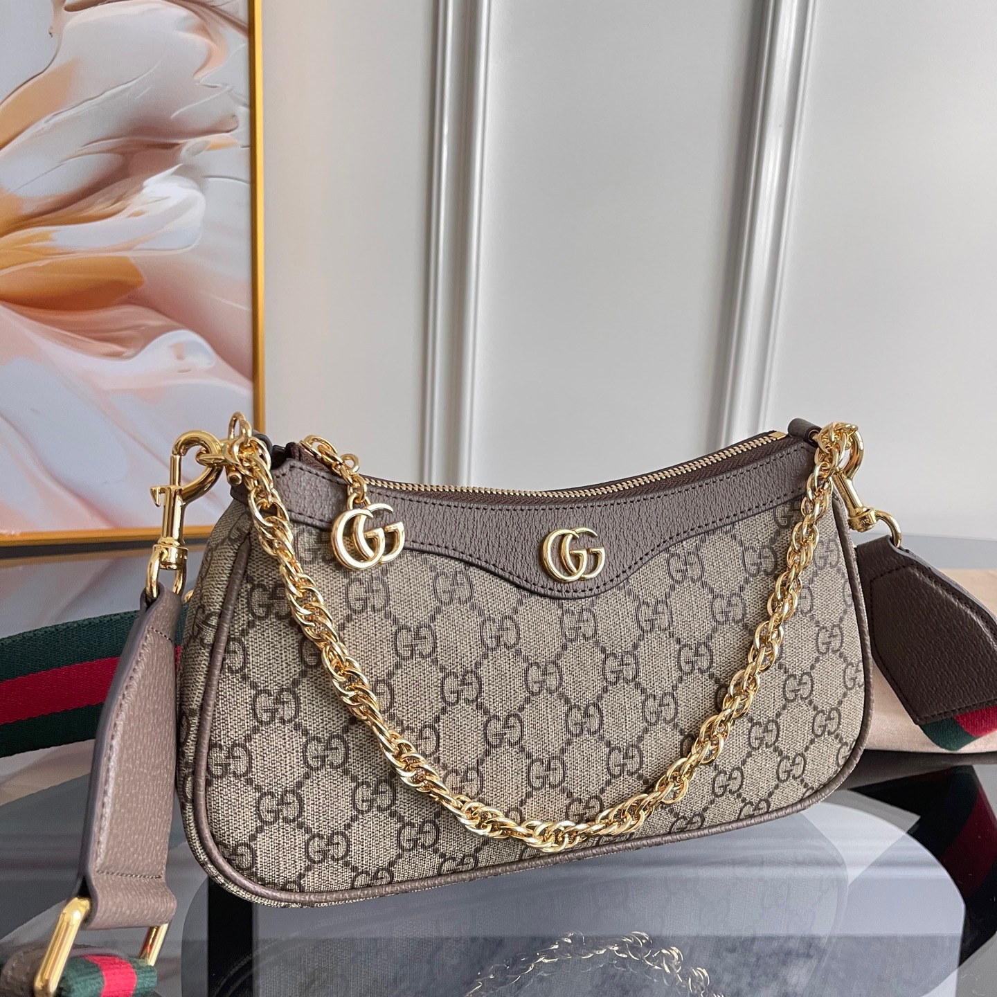 [TOP]Gucci Ophidia Collection Small Handbag - Beige And Dark Brown Bag