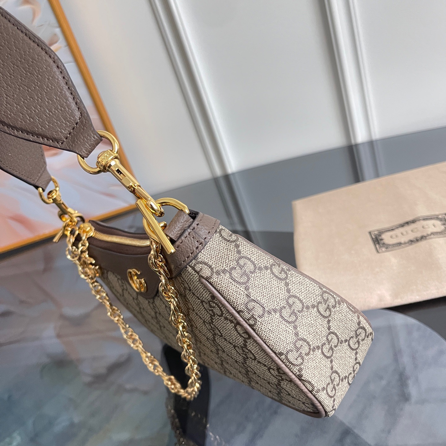 [TOP]Gucci Ophidia Collection Small Handbag - Beige And Dark Brown Bag