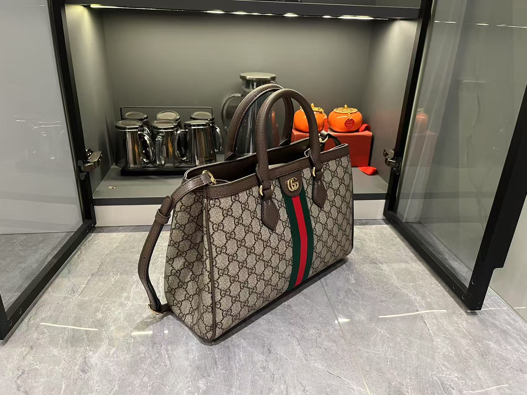 Gucci Ophidia Tote Bag Medium Size GG Monogram coated fabric - Beige and dark brown