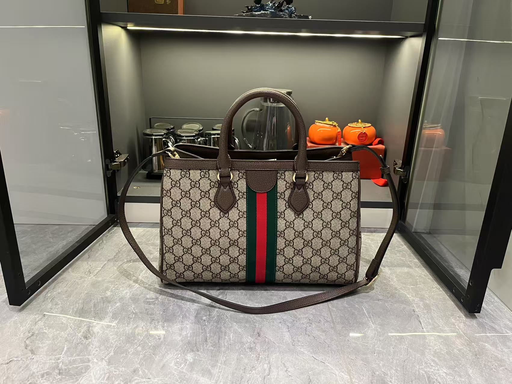 Gucci Ophidia Tote Bag Medium Size GG Monogram coated fabric - Beige and dark brown