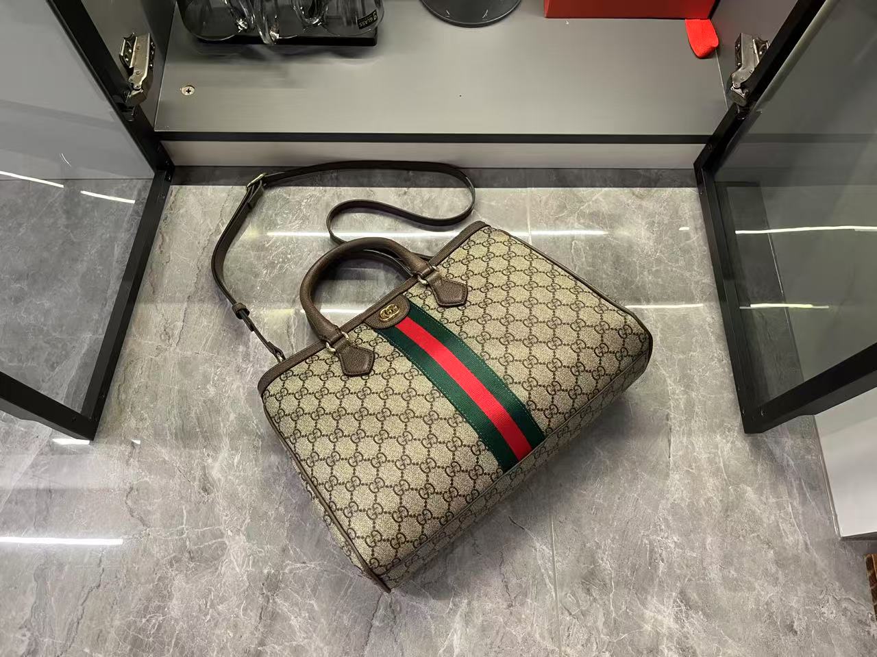 Gucci Ophidia Tote Bag Medium Size GG Monogram coated fabric - Beige and dark brown