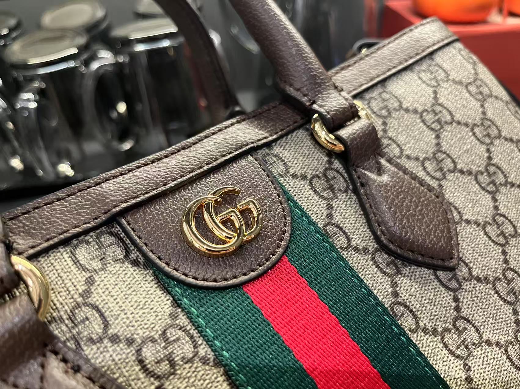Gucci Ophidia Tote Bag Medium Size GG Monogram coated fabric - Beige and dark brown