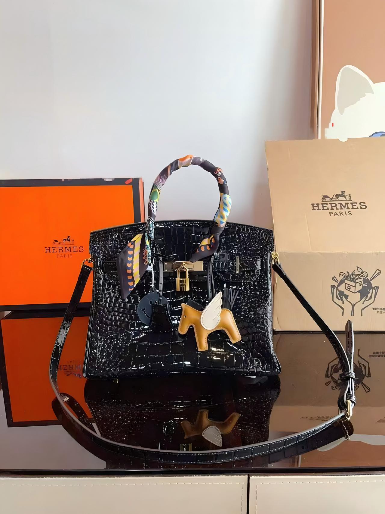 Birkin 25 & 30 Shiny Alligator Crocodile Noir GHW with Rodeo Pegase Charm and Twilly Scarf