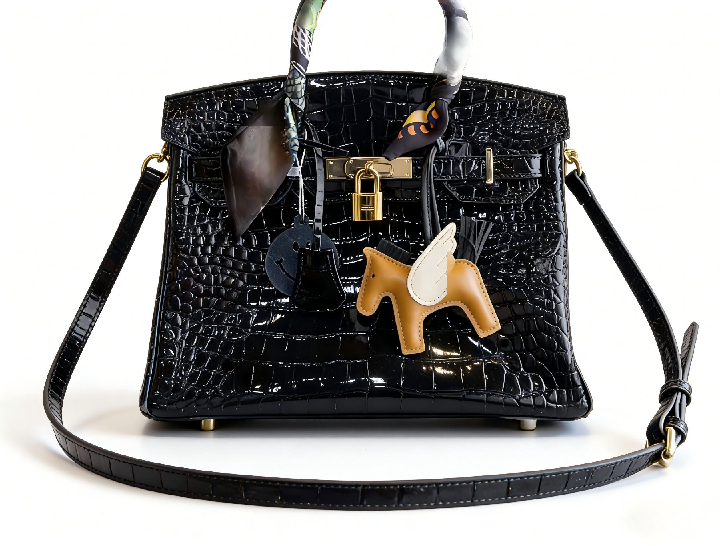 Birkin 25 & 30 Shiny Alligator Crocodile Noir GHW with Rodeo Pegase Charm and Twilly Scarf