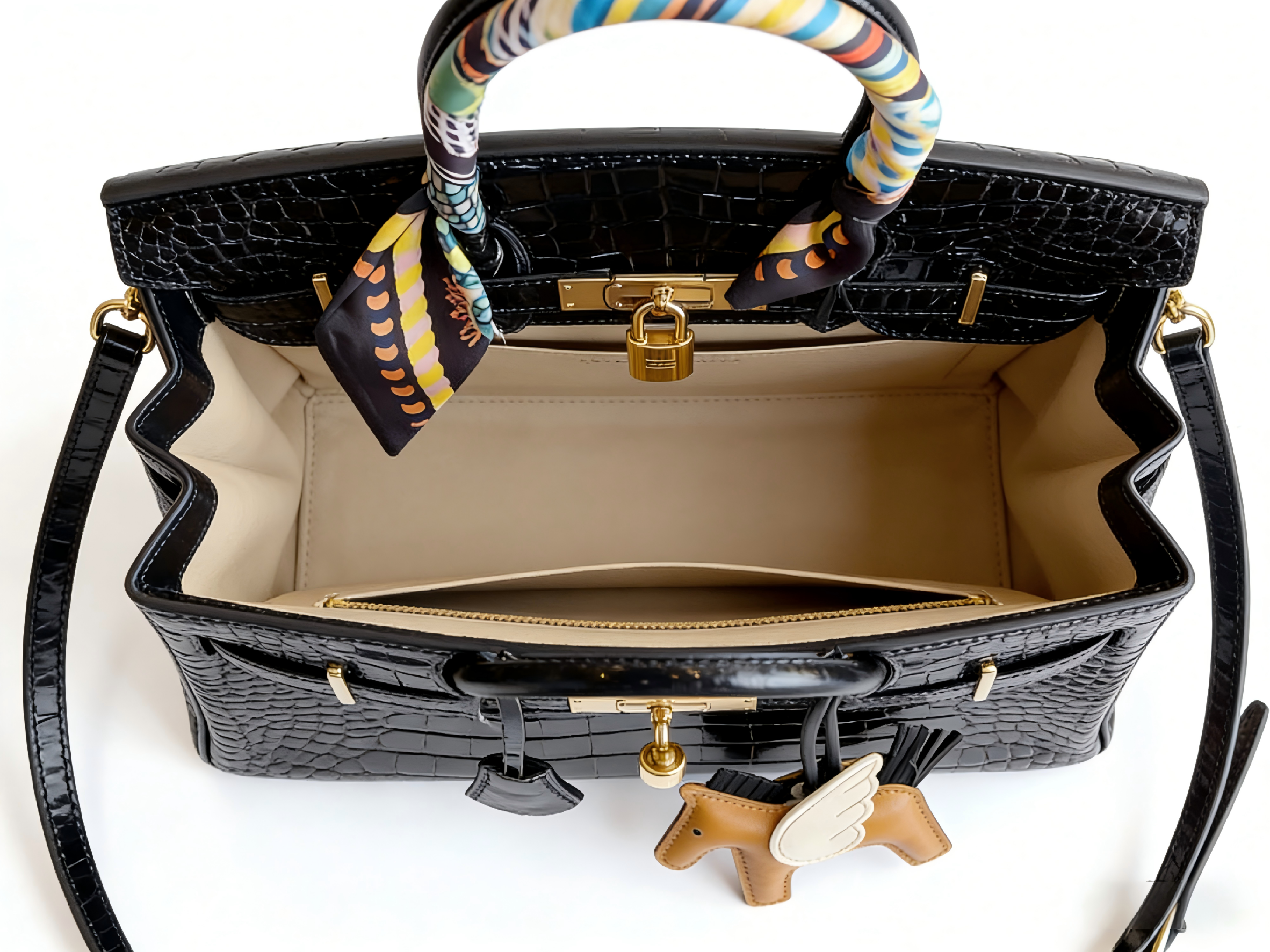 Birkin 25 & 30 Shiny Alligator Crocodile Noir GHW with Rodeo Pegase Charm and Twilly Scarf