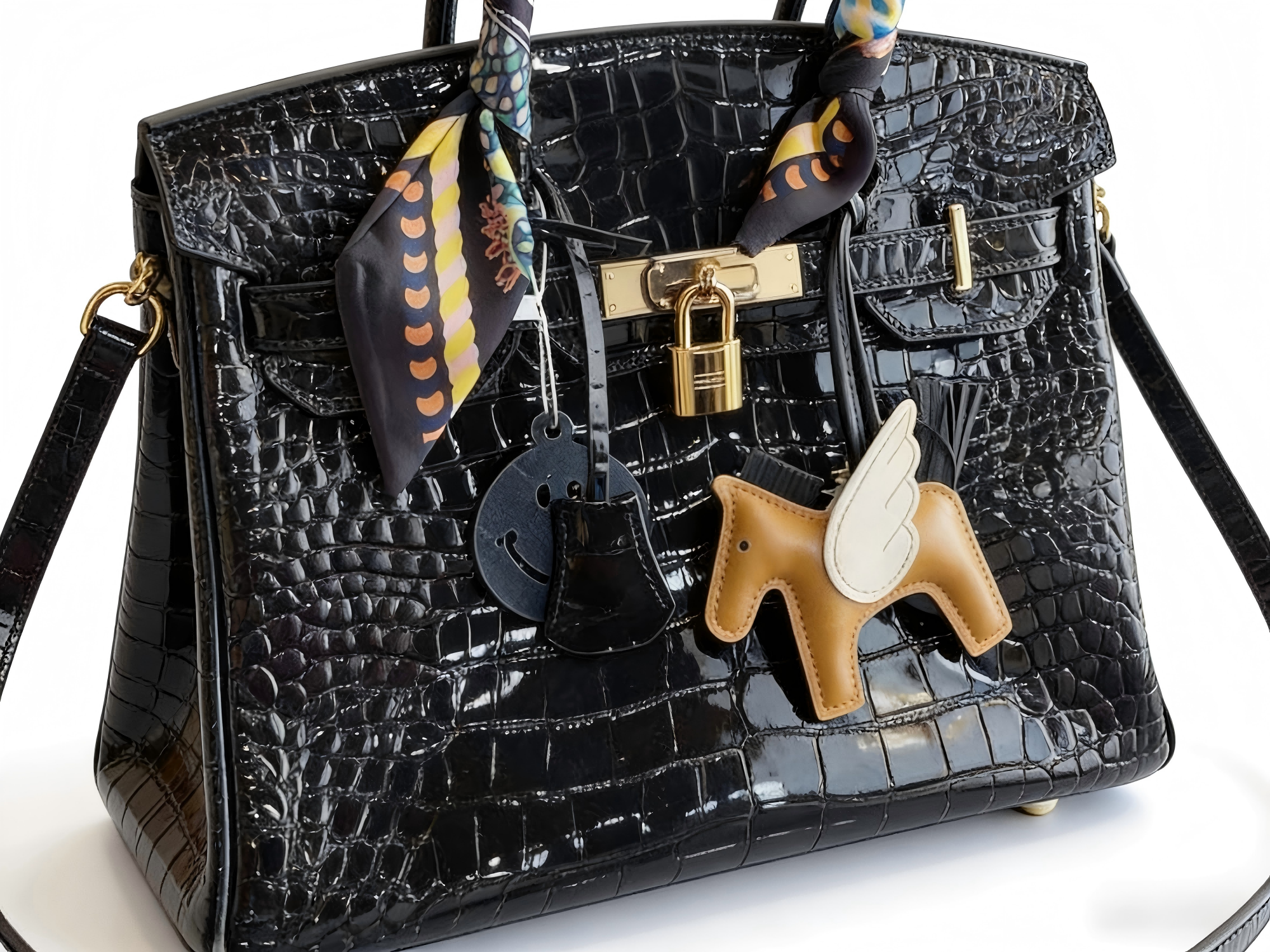 Birkin 25 & 30 Shiny Alligator Crocodile Noir GHW with Rodeo Pegase Charm and Twilly Scarf