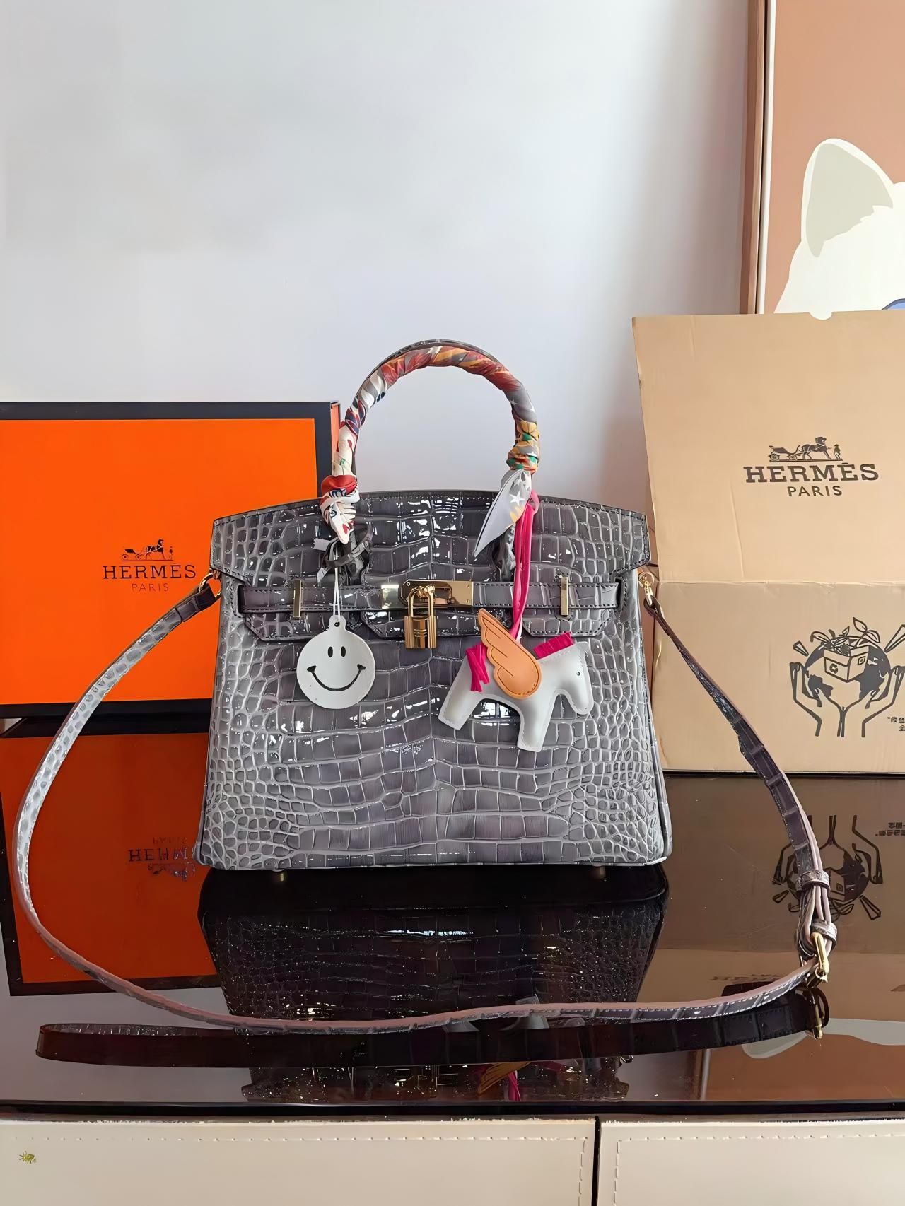 Hermès Birkin 25 / 30 Gris Crocodile Embossed Leather Handbag with Pegasus Charm & Smiley Tag (Gold Hardware)