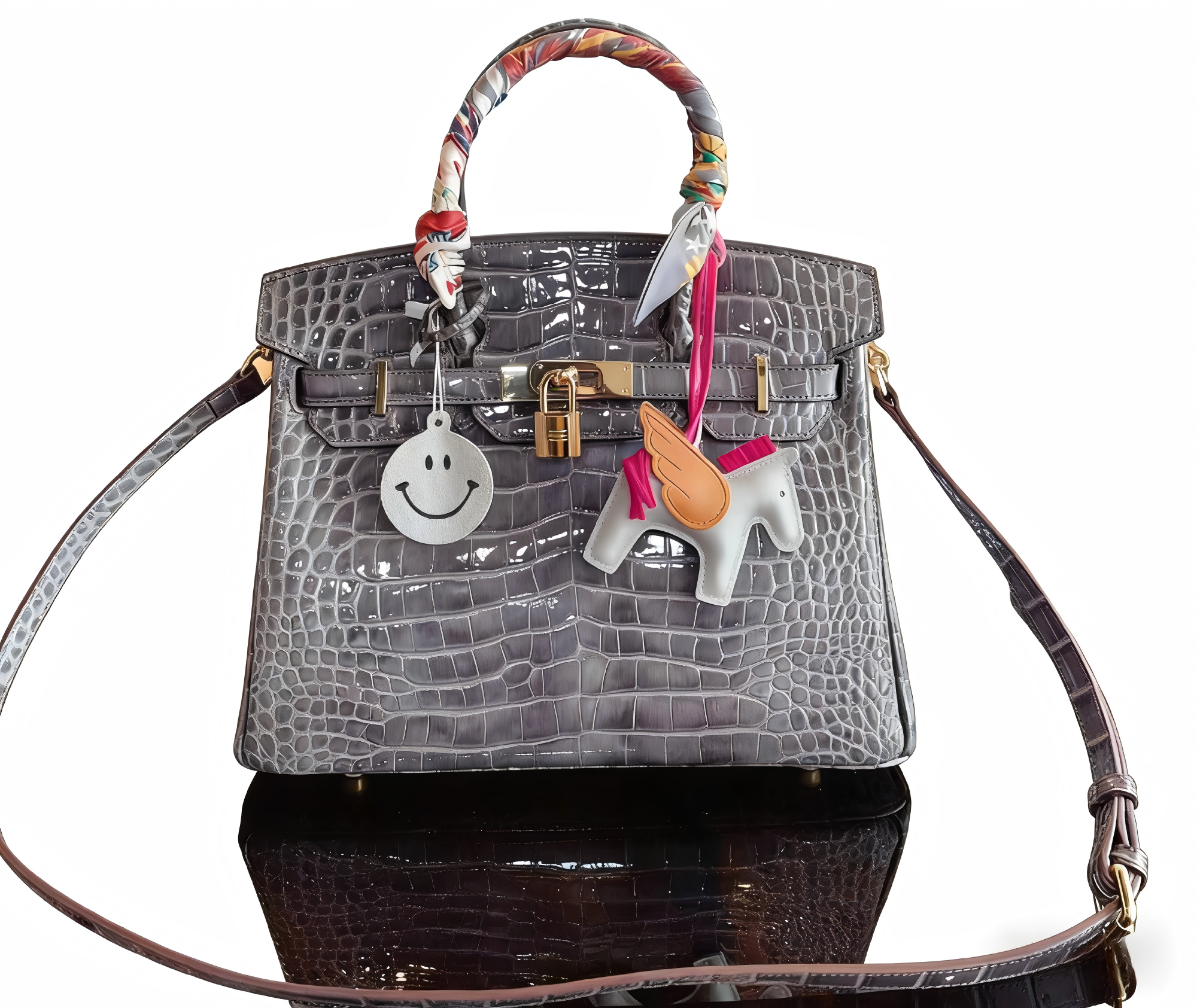 Hermès Birkin 25 / 30 Gris Crocodile Embossed Leather Handbag with Pegasus Charm & Smiley Tag (Gold Hardware)