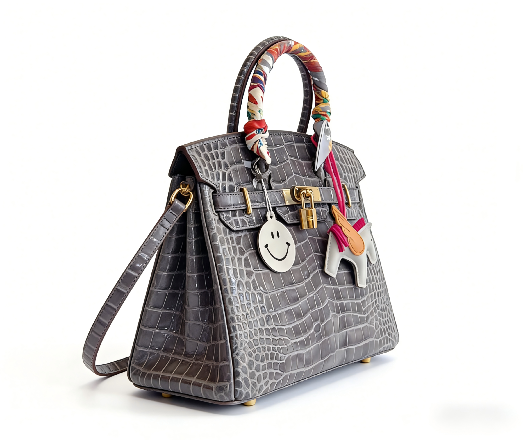 Hermès Birkin 25 / 30 Gris Crocodile Embossed Leather Handbag with Pegasus Charm & Smiley Tag (Gold Hardware)