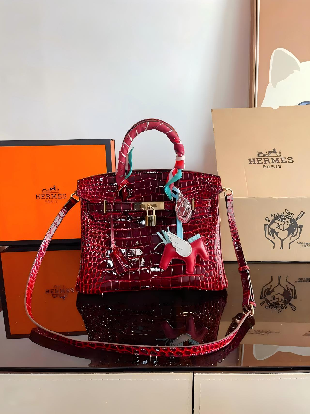 Birkin 25 & 30 Shiny Alligator Crocodile Rouge H Gold Hardware with Rodeo Pegase Charm