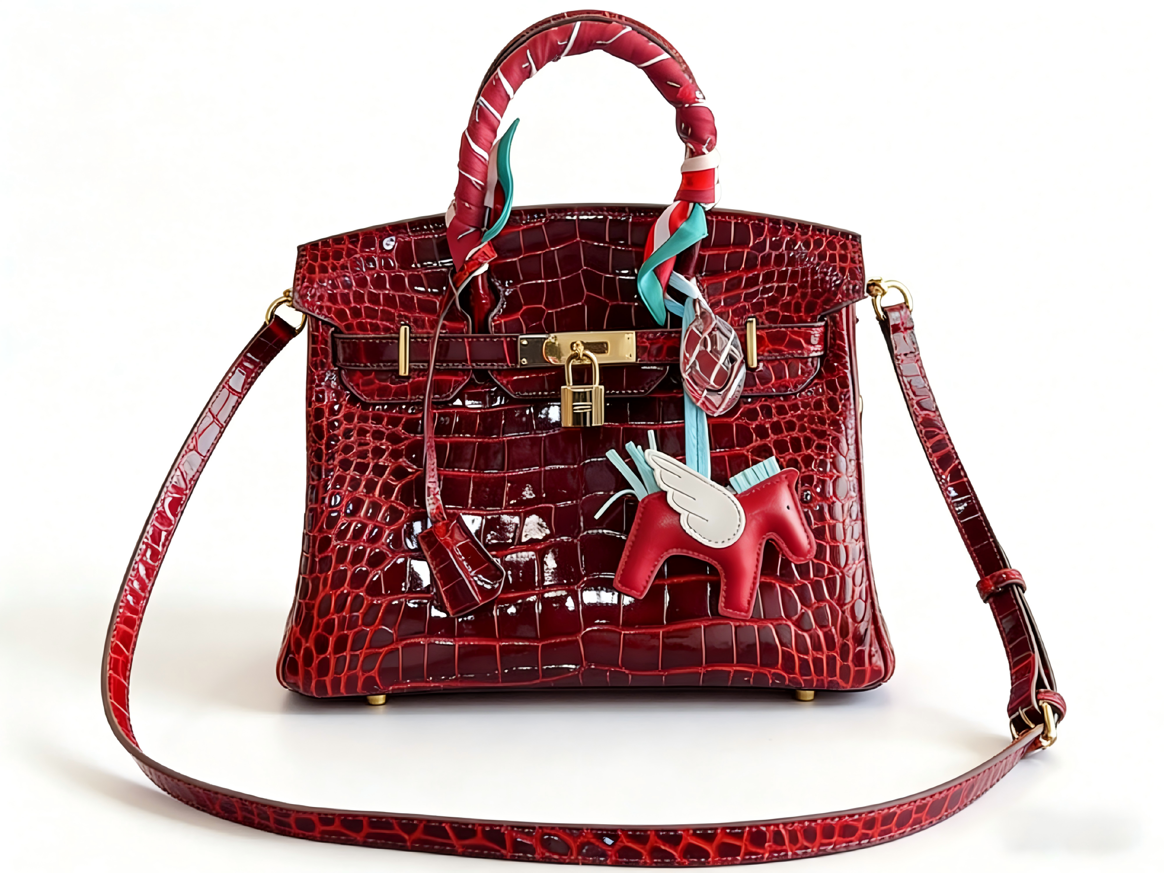 Birkin 25 & 30 Shiny Alligator Crocodile Rouge H Gold Hardware with Rodeo Pegase Charm