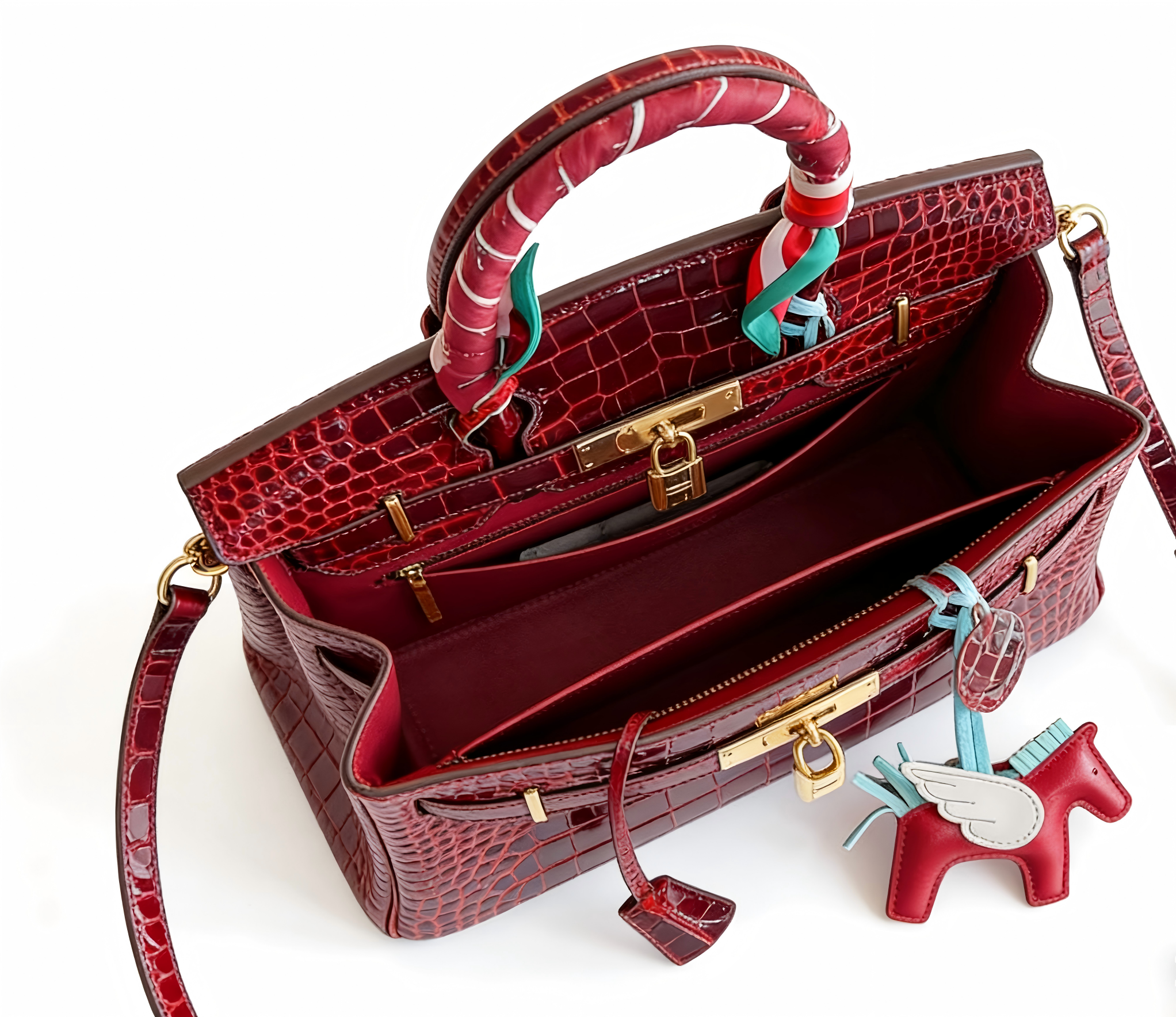 Birkin 25 & 30 Shiny Alligator Crocodile Rouge H Gold Hardware with Rodeo Pegase Charm