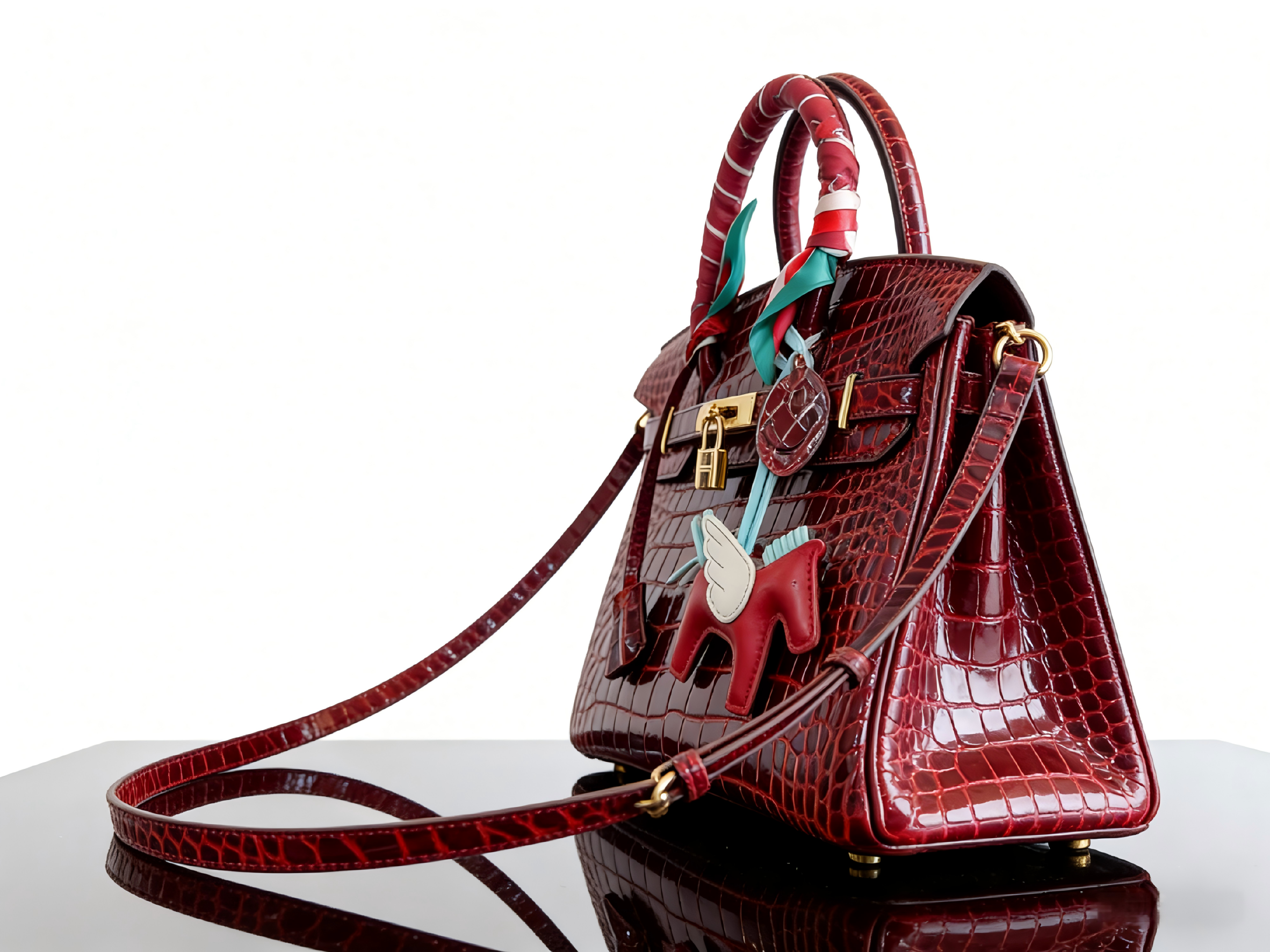 Birkin 25 & 30 Shiny Alligator Crocodile Rouge H Gold Hardware with Rodeo Pegase Charm
