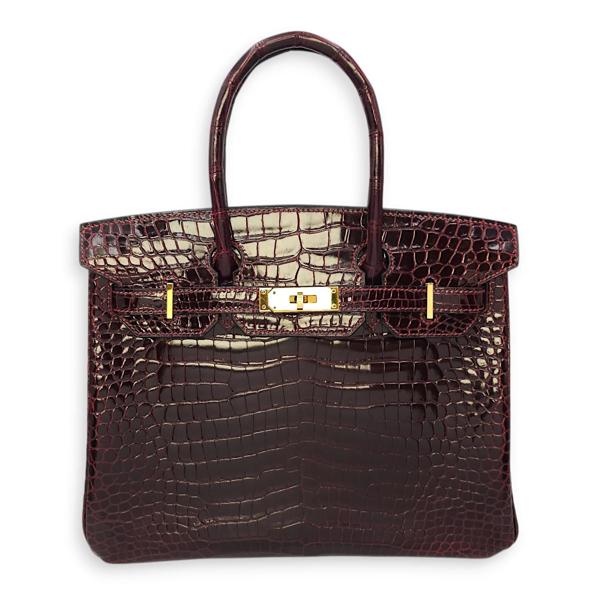 Birkin 30 Bordeaux in Shiny Porosus, Gold hardware