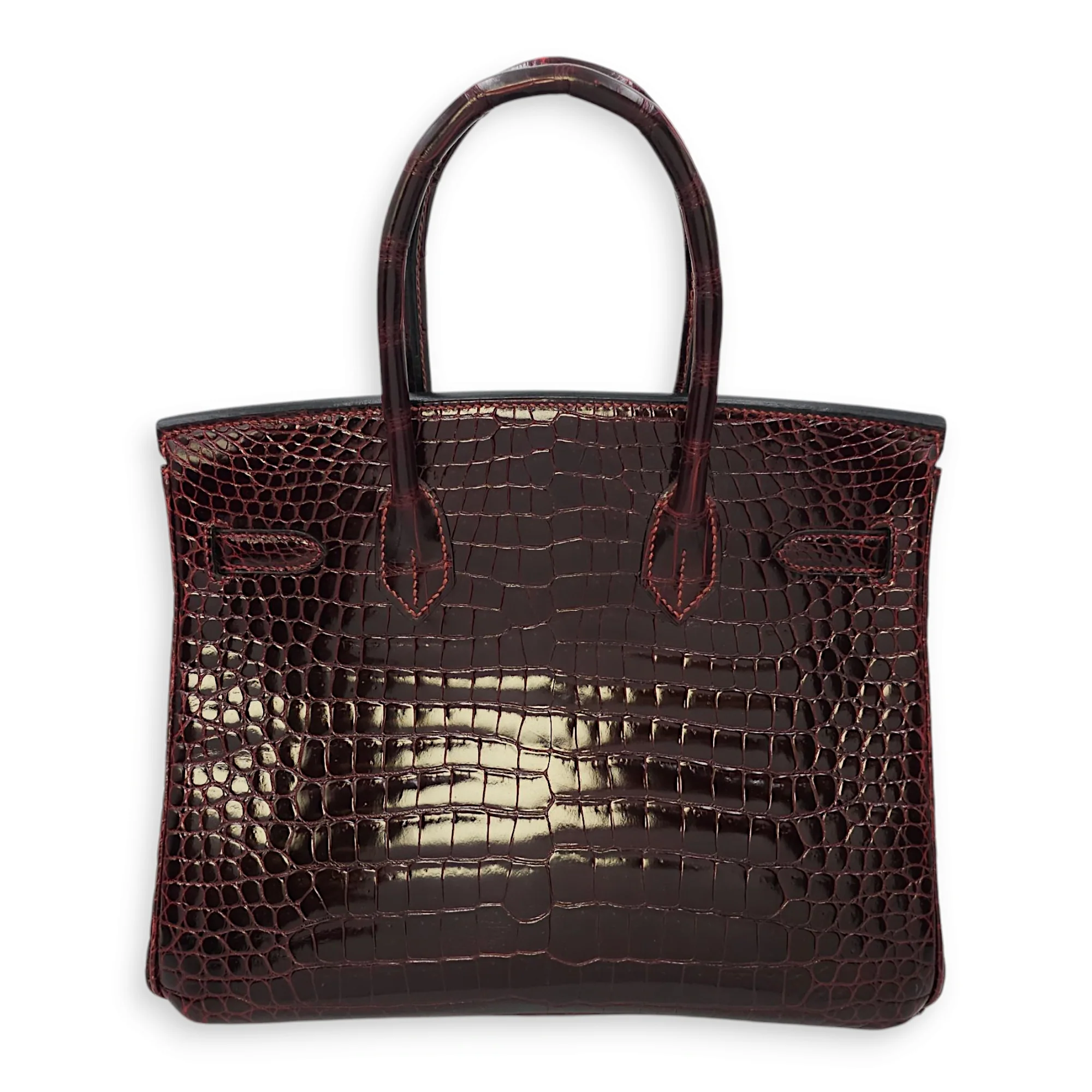 Birkin 30 Bordeaux in Shiny Porosus, Gold hardware
