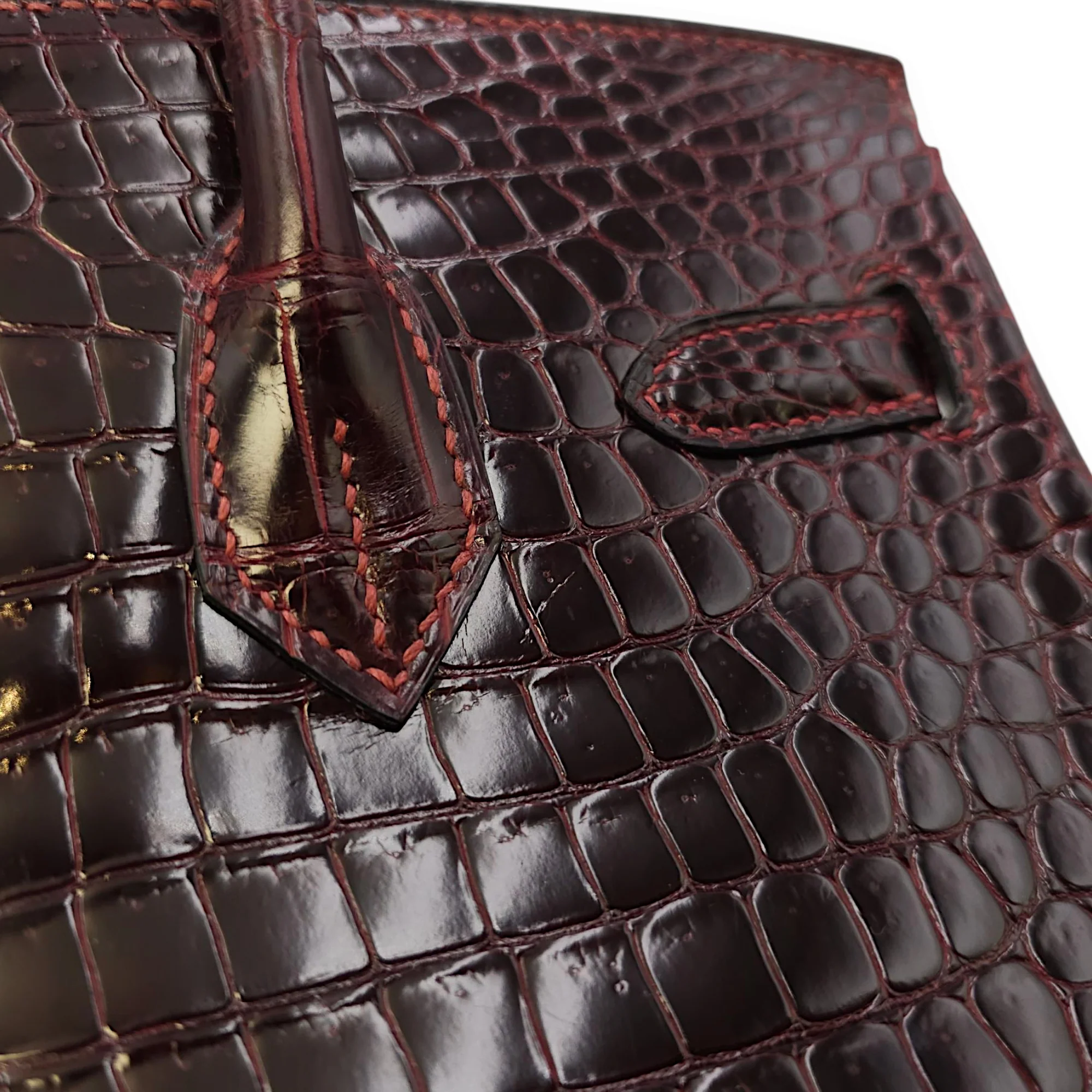 Birkin 30 Bordeaux in Shiny Porosus, Gold hardware