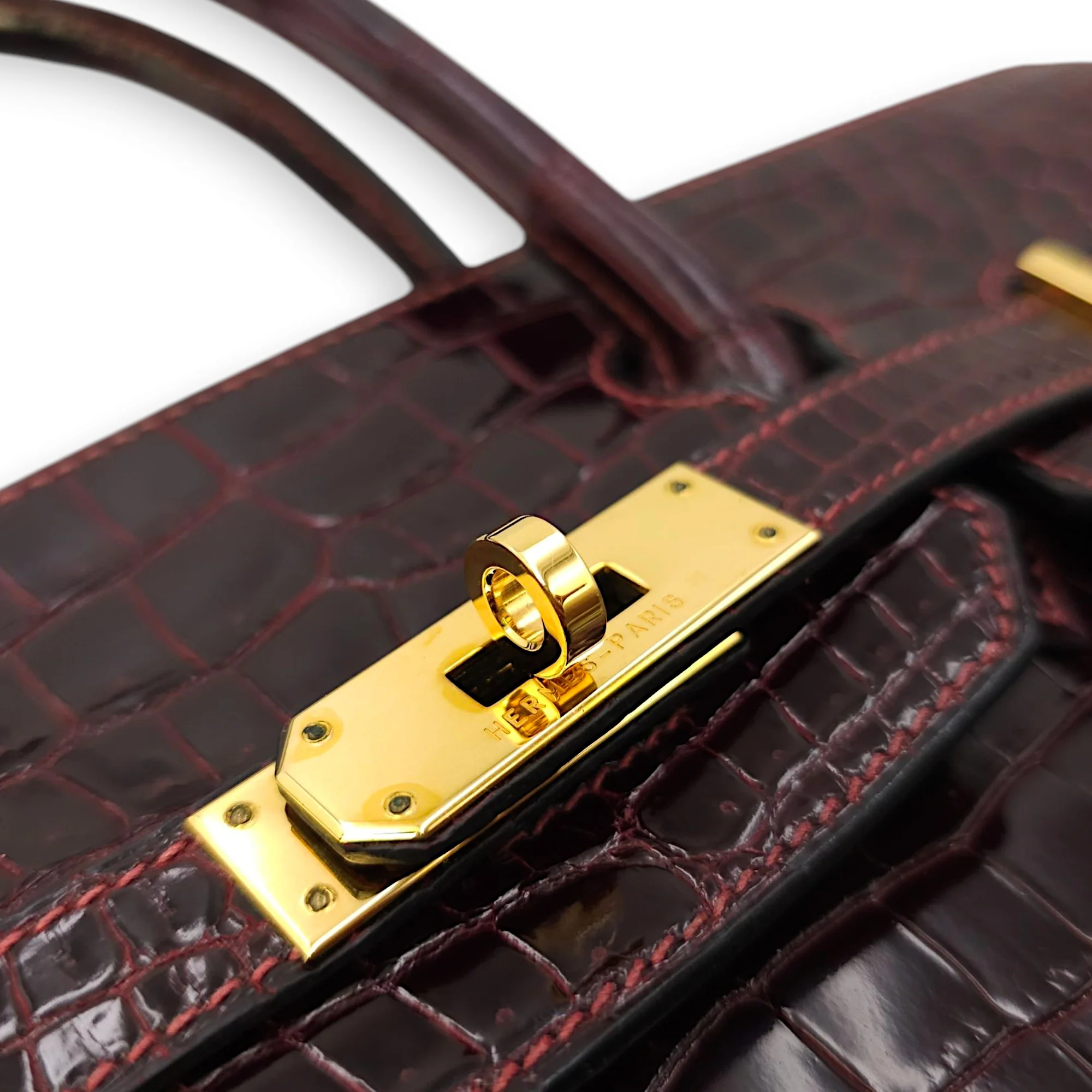 Birkin 30 Bordeaux in Shiny Porosus, Gold hardware