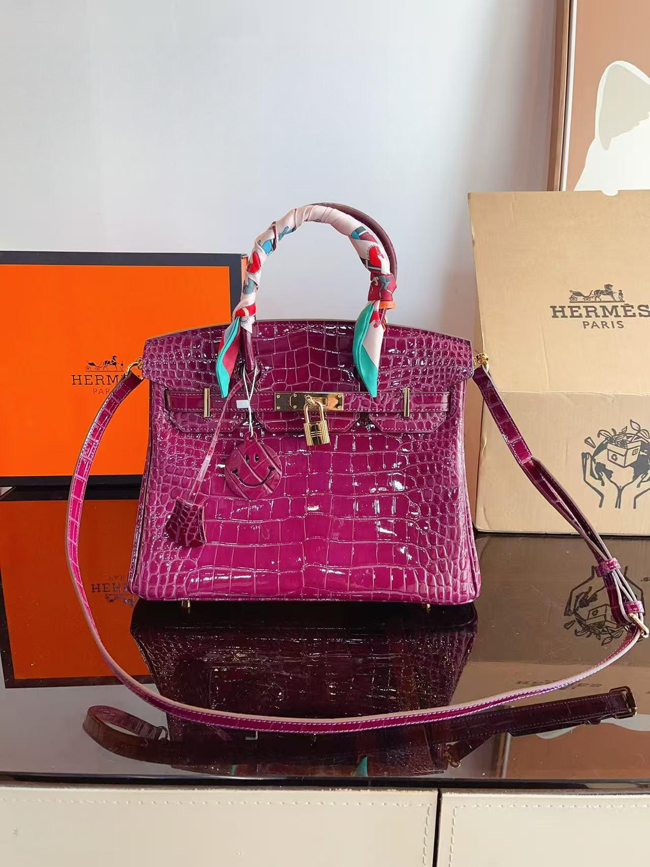 Birkin 25 & 30 Shiny Alligator Crocodile Magnolia GHW with Twilly and Rodeo Charm