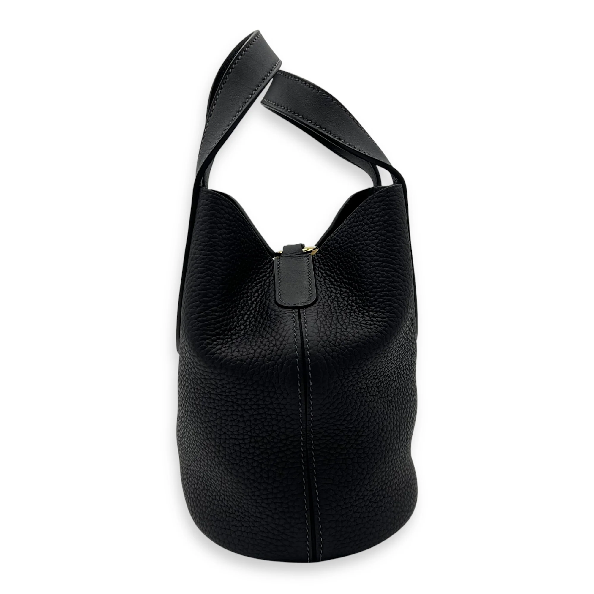 In The Loop 18 Black Top Handle Bag in Clemence/Swift, Gold hardware
