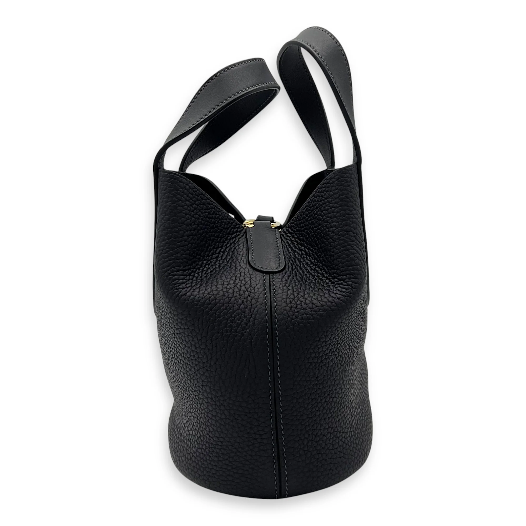 In The Loop 18 Black Top Handle Bag in Clemence/Swift, Gold hardware