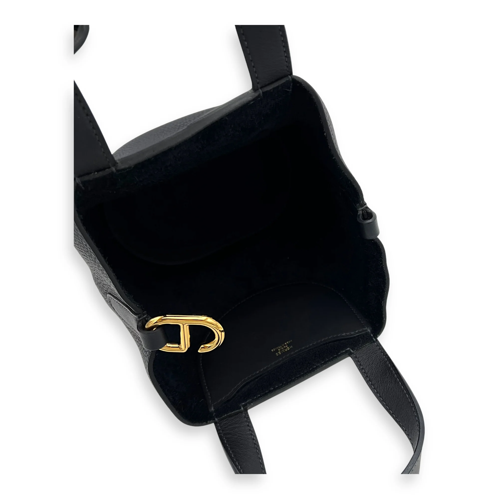 In The Loop 18 Black Top Handle Bag in Clemence/Swift, Gold hardware
