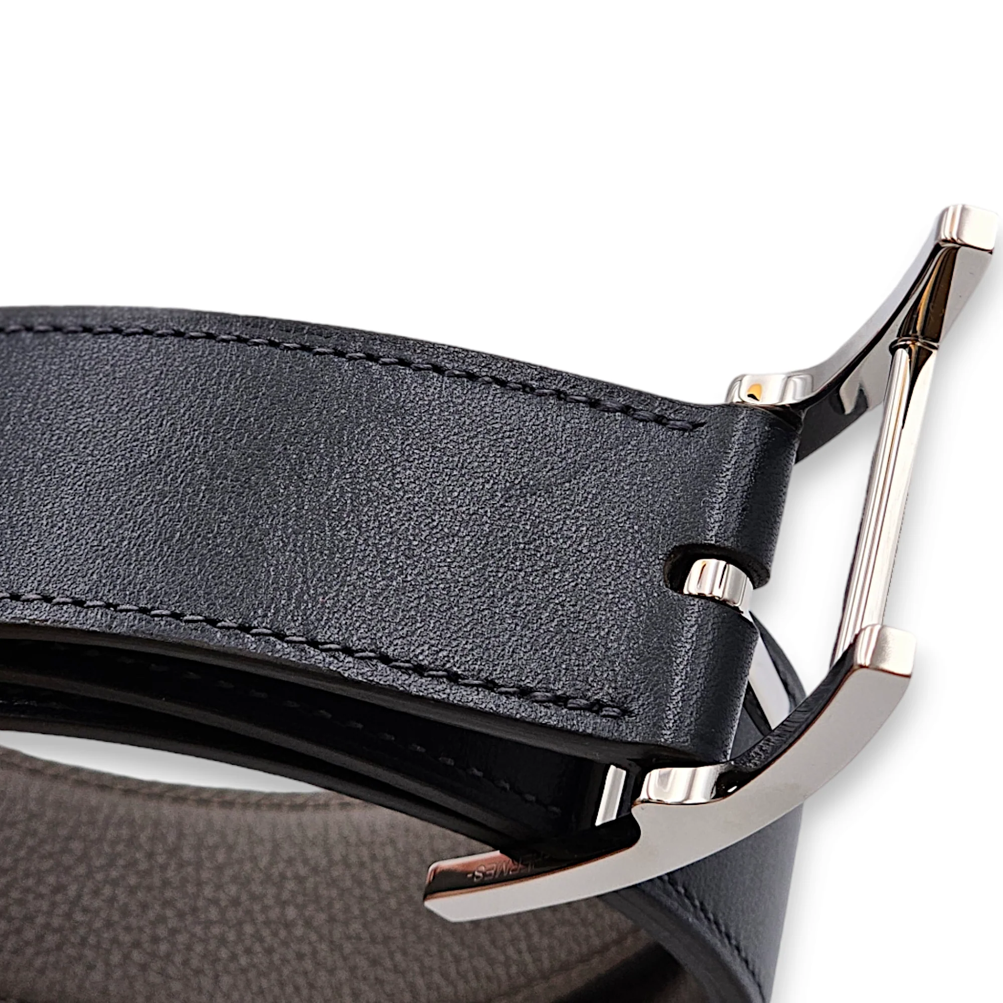 Quetin Reversible 32mm by 85cm Blue De Prusse/Etain Belt in Togo, Palladium hardware