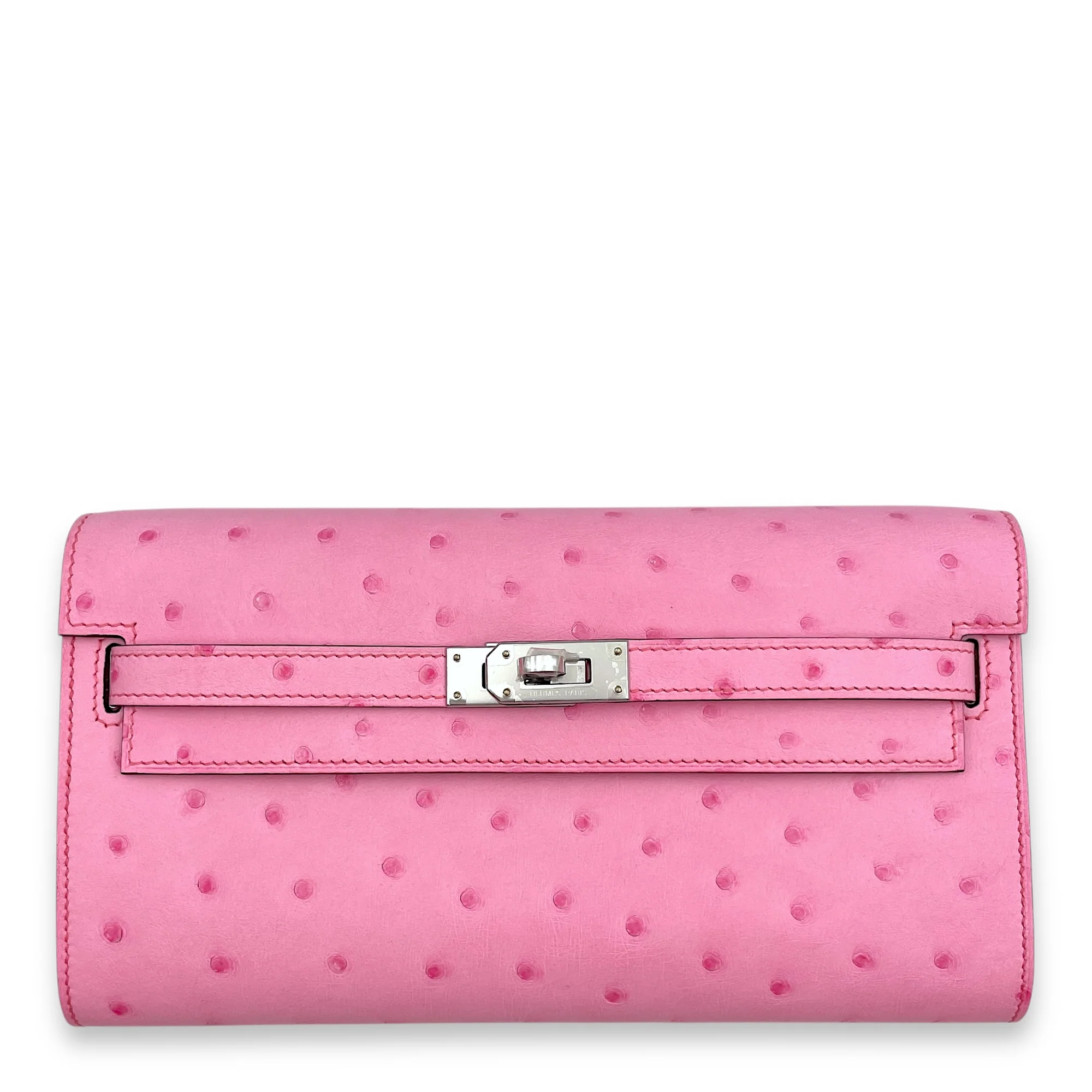 Kelly To Go Rose Bubblegum Crossbody in Ostrich, Palladium hardware