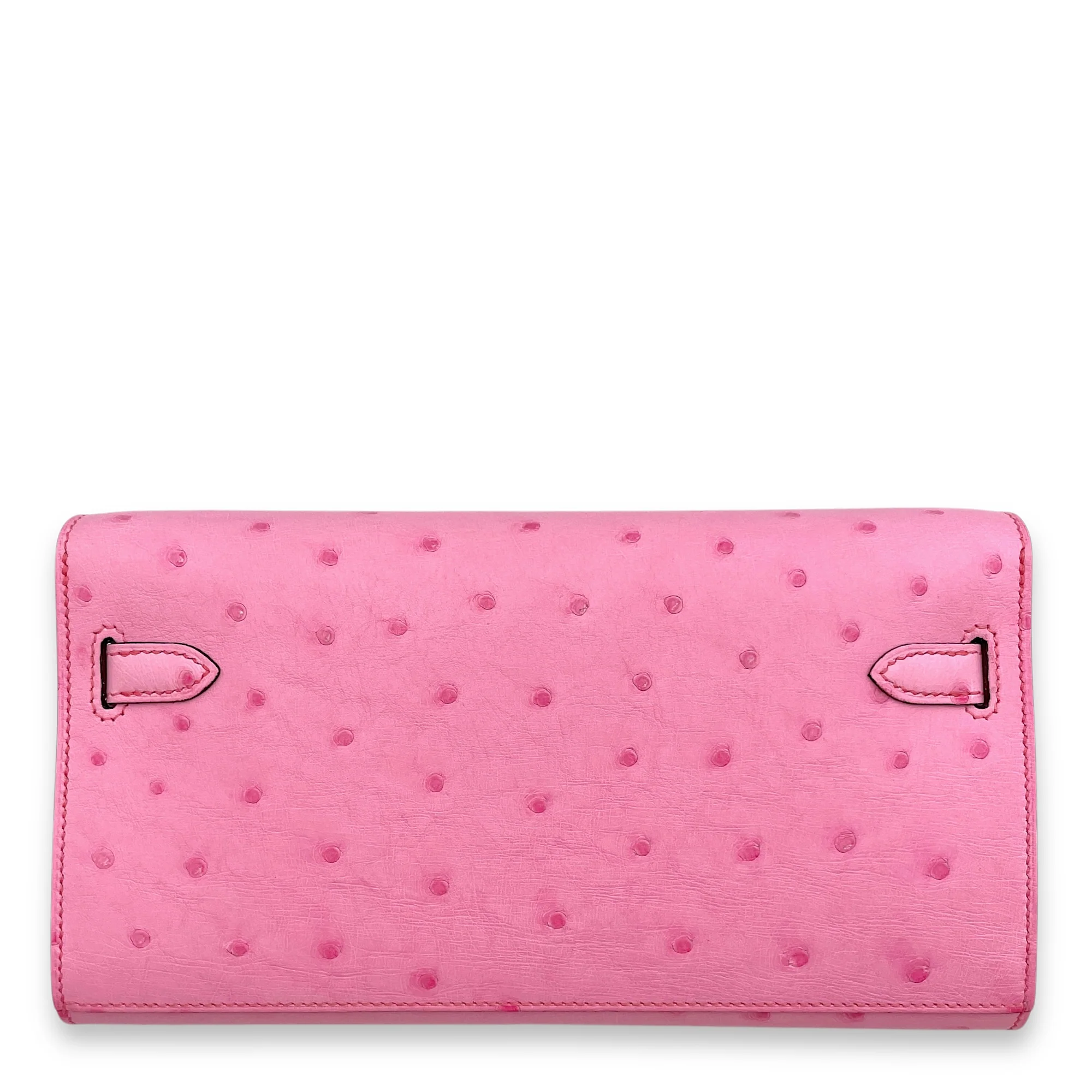 Kelly To Go Rose Bubblegum Crossbody in Ostrich, Palladium hardware