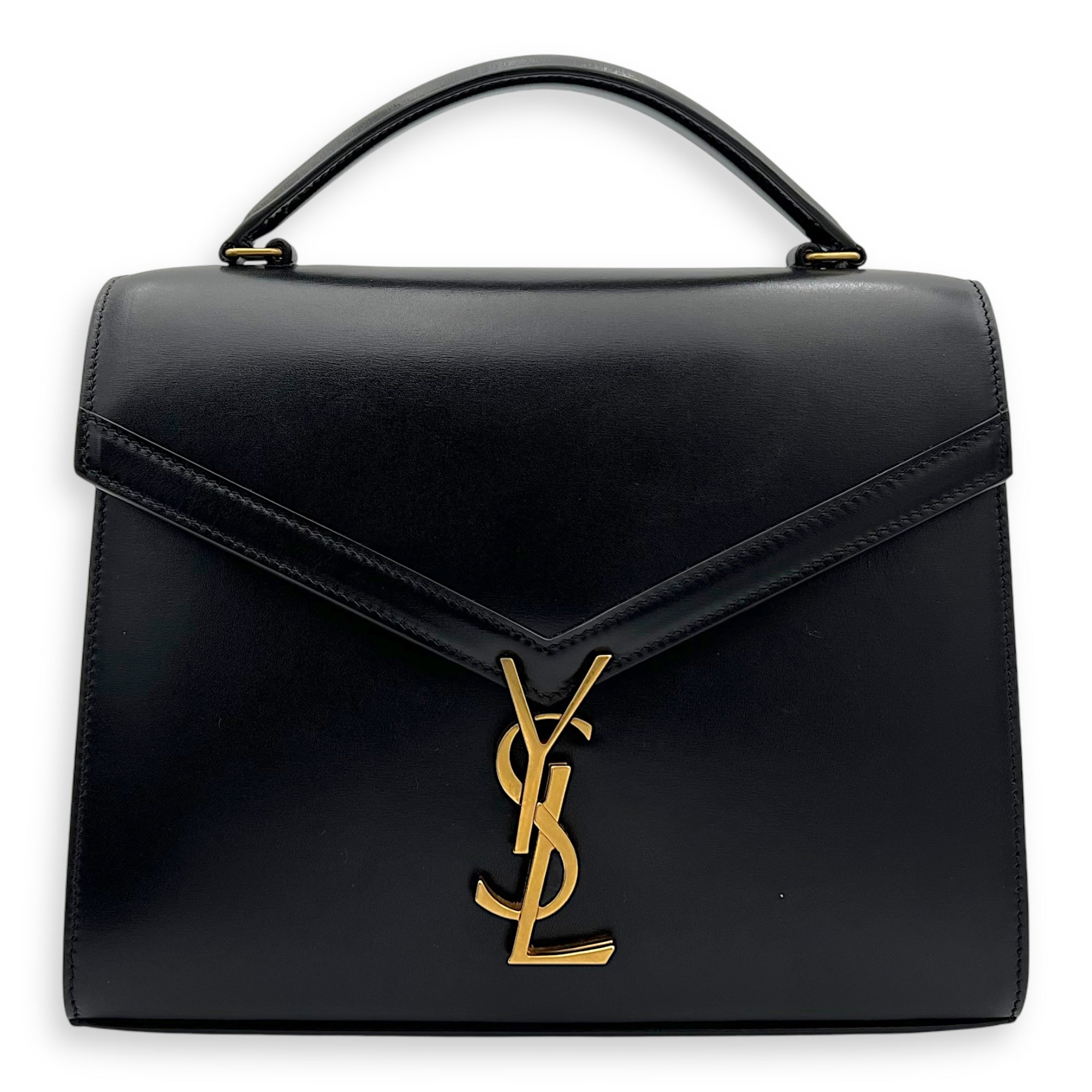 Cassandra Top Handle Bag Black in Calfskin, Gold hardware