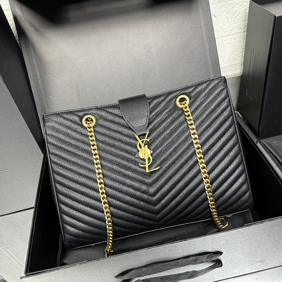Saint Laurent Black Matelasse Leather Cassandre Large Shopper Tote-Gold Hardware - Bag