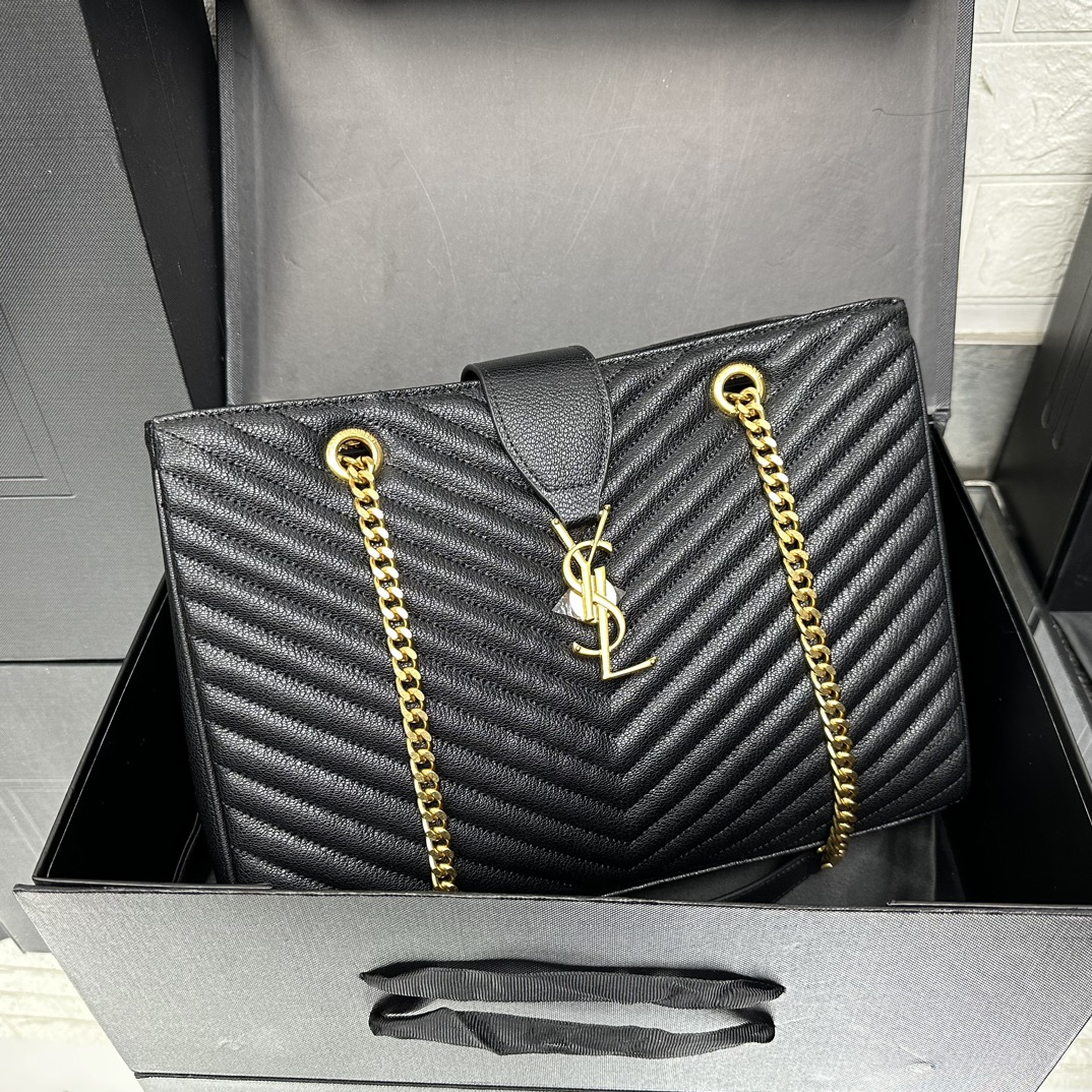Saint Laurent Black Matelasse Leather Cassandre Large Shopper Tote-Gold Hardware - Bag