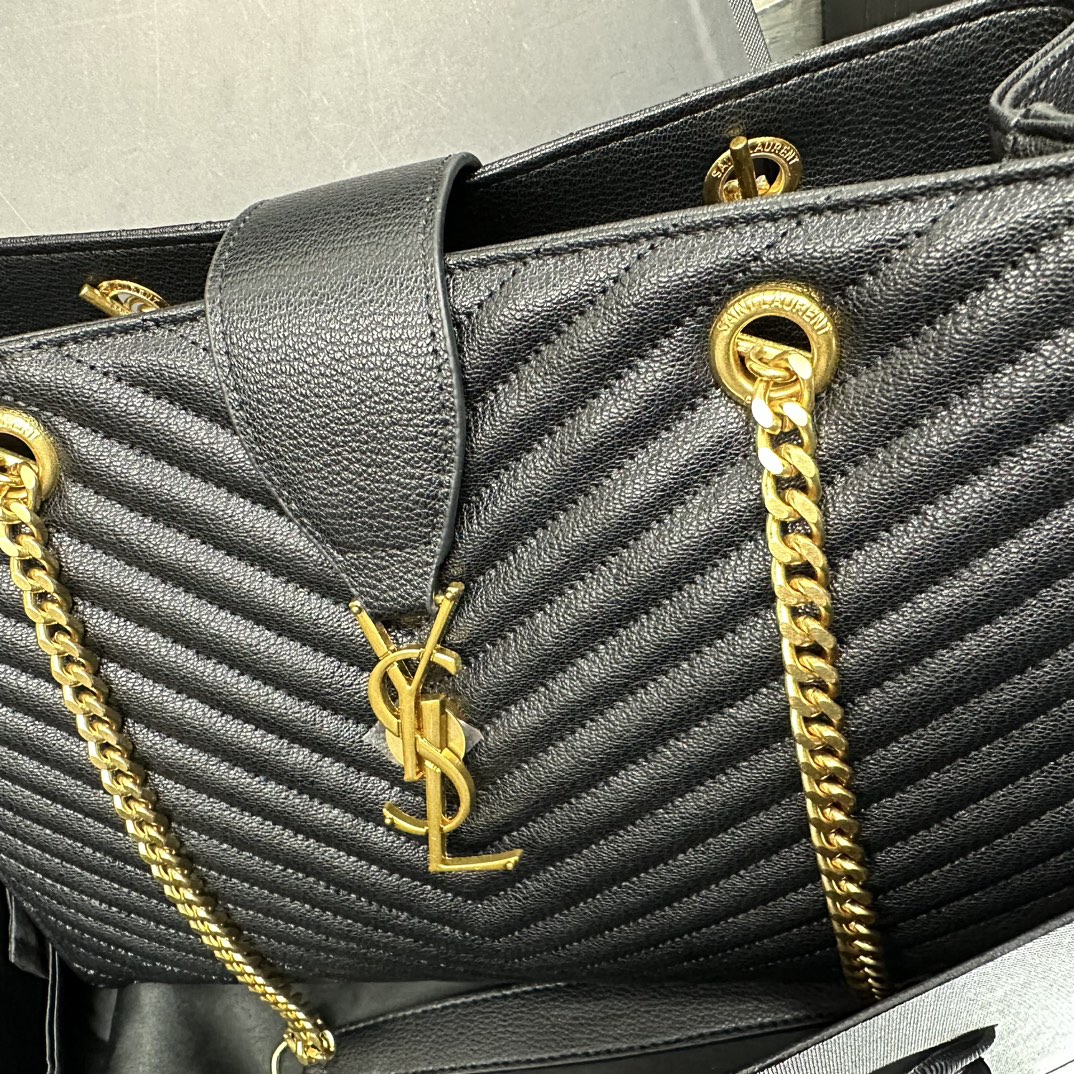 Saint Laurent Black Matelasse Leather Cassandre Large Shopper Tote-Gold Hardware - Bag