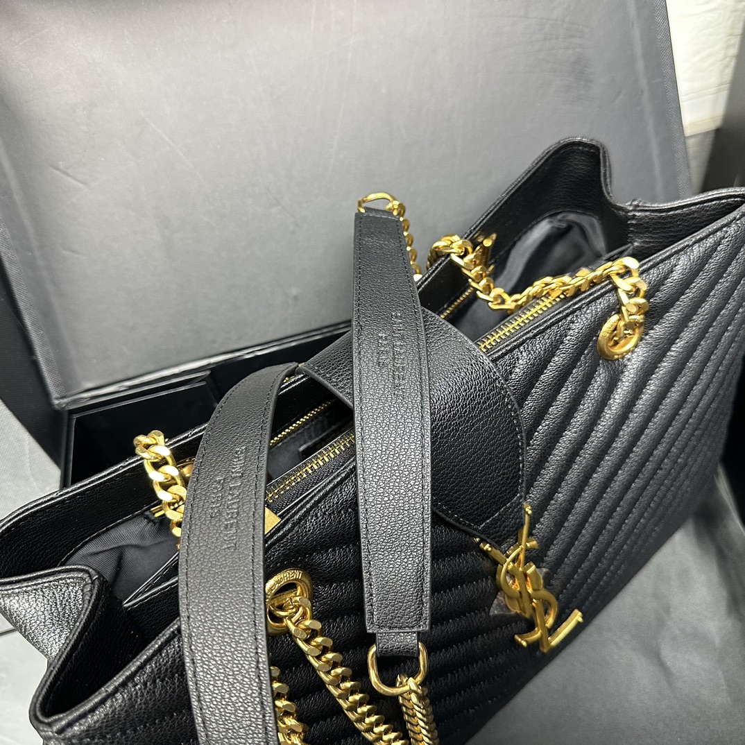 Saint Laurent Black Matelasse Leather Cassandre Large Shopper Tote-Gold Hardware - Bag