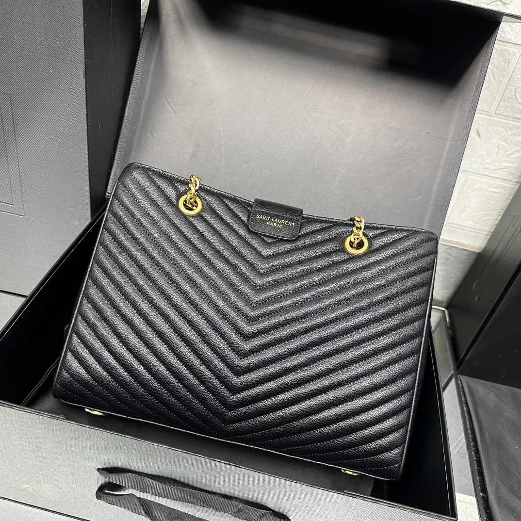 Saint Laurent Black Matelasse Leather Cassandre Large Shopper Tote-Gold Hardware - Bag