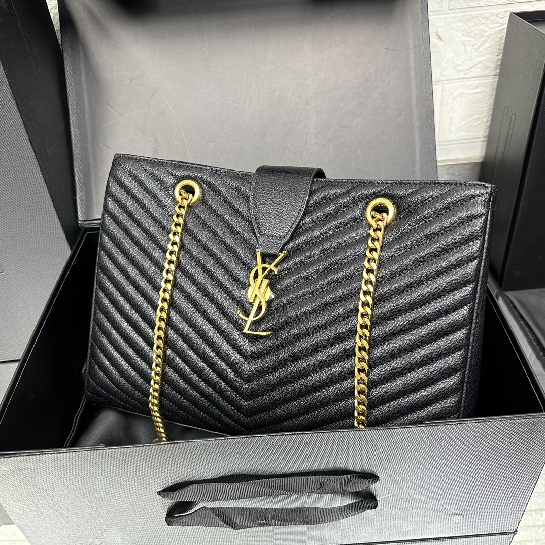 Saint Laurent Black Matelasse Leather Cassandre Large Shopper Tote-Gold Hardware - Bag