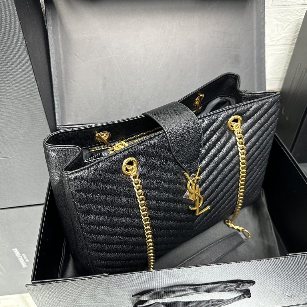 Saint Laurent Black Matelasse Leather Cassandre Large Shopper Tote-Gold Hardware - Bag