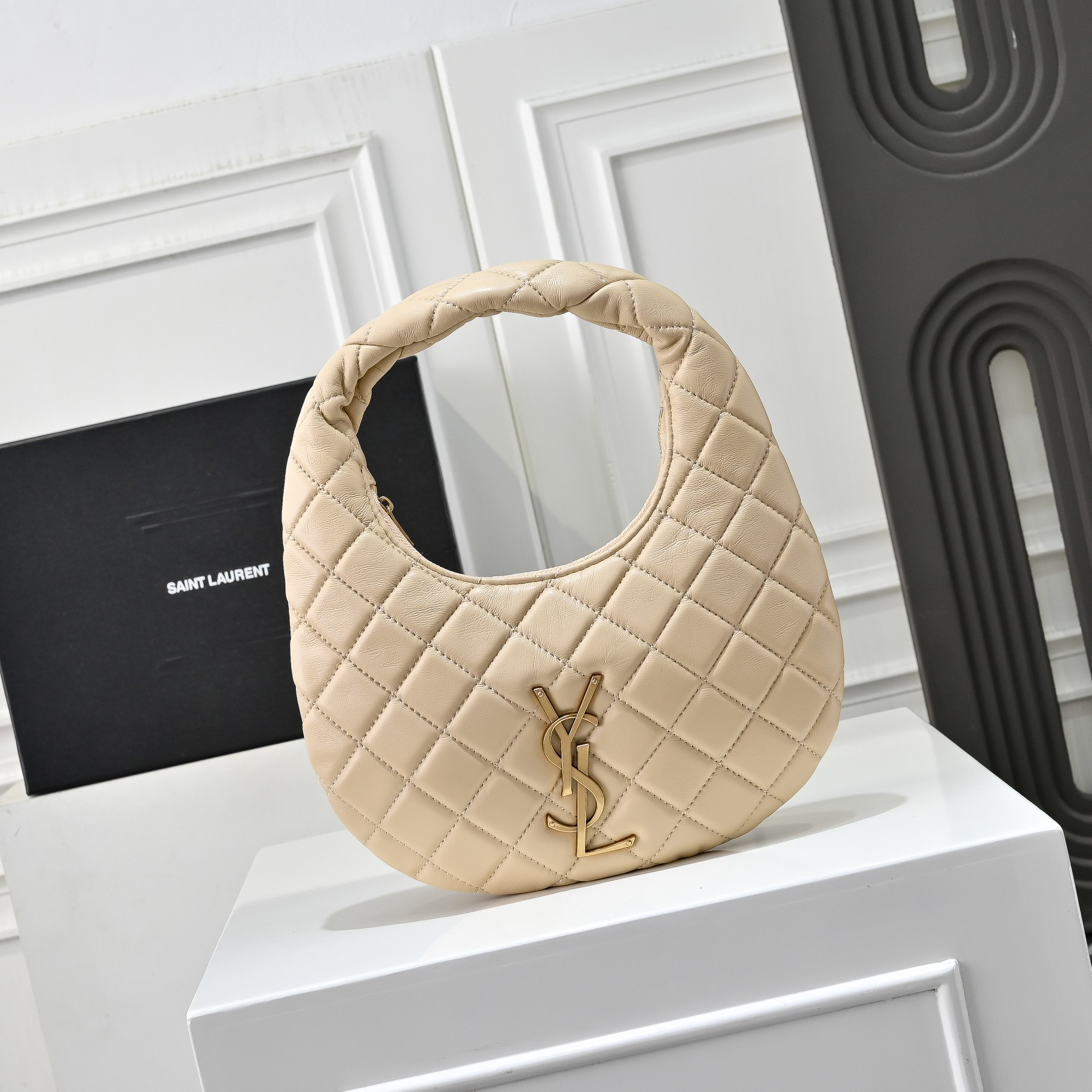 [TOP]Saint Laurent YSL IICARINO in quilted suede Hobo Bag - DARK BEIGE