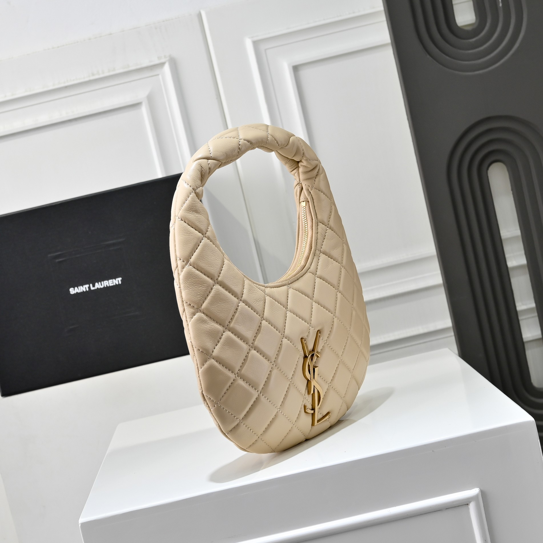 [TOP]Saint Laurent YSL IICARINO in quilted suede Hobo Bag - DARK BEIGE