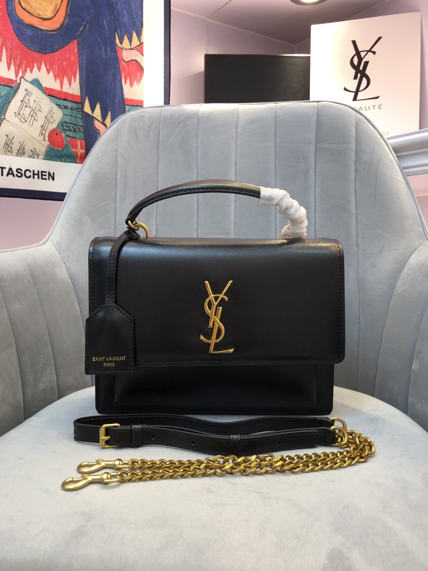 Saint Laurent YSL Sunset Top Handle Shoulder Bag Medium Black Gold - Bag
