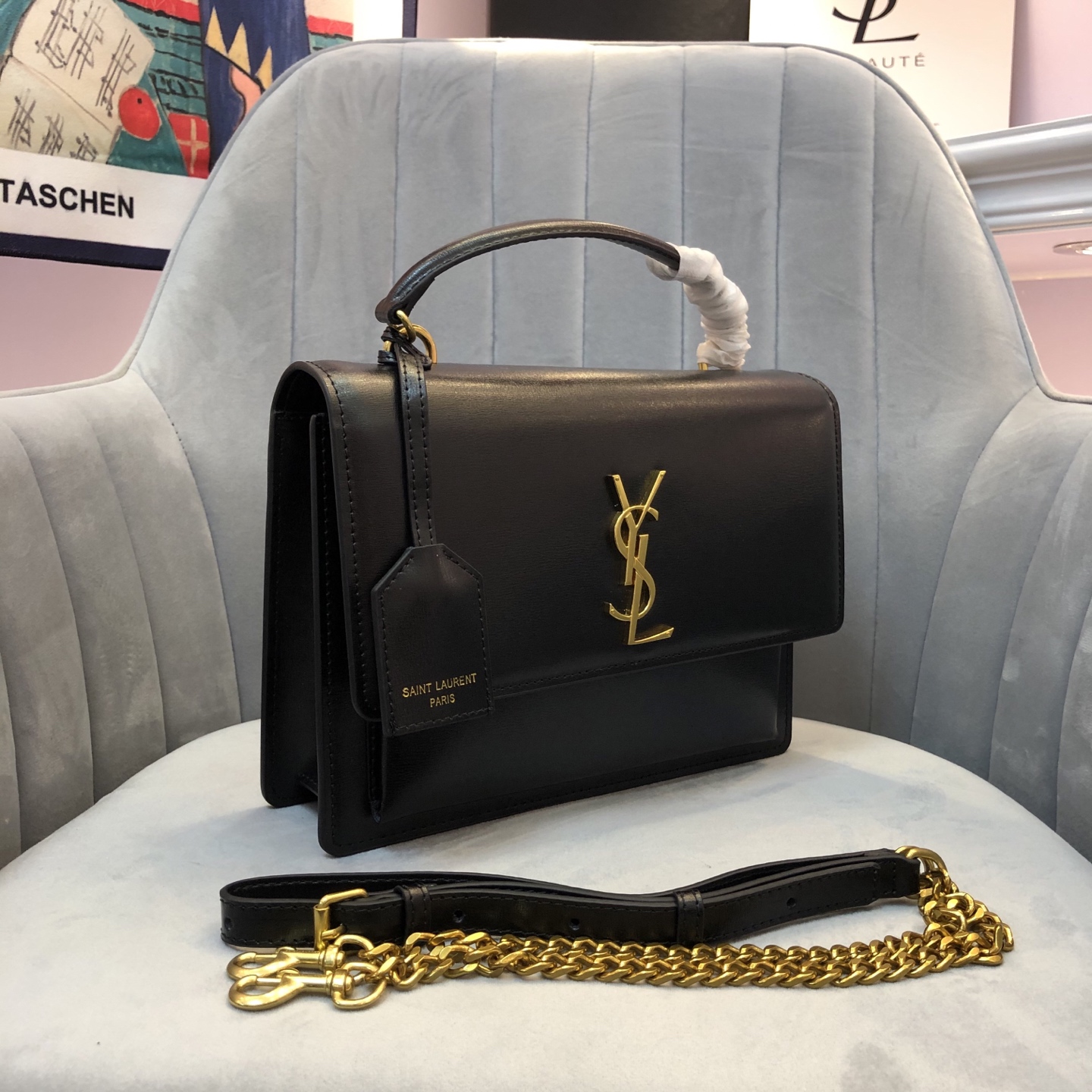Saint Laurent YSL Sunset Top Handle Shoulder Bag Medium Black Gold - Bag