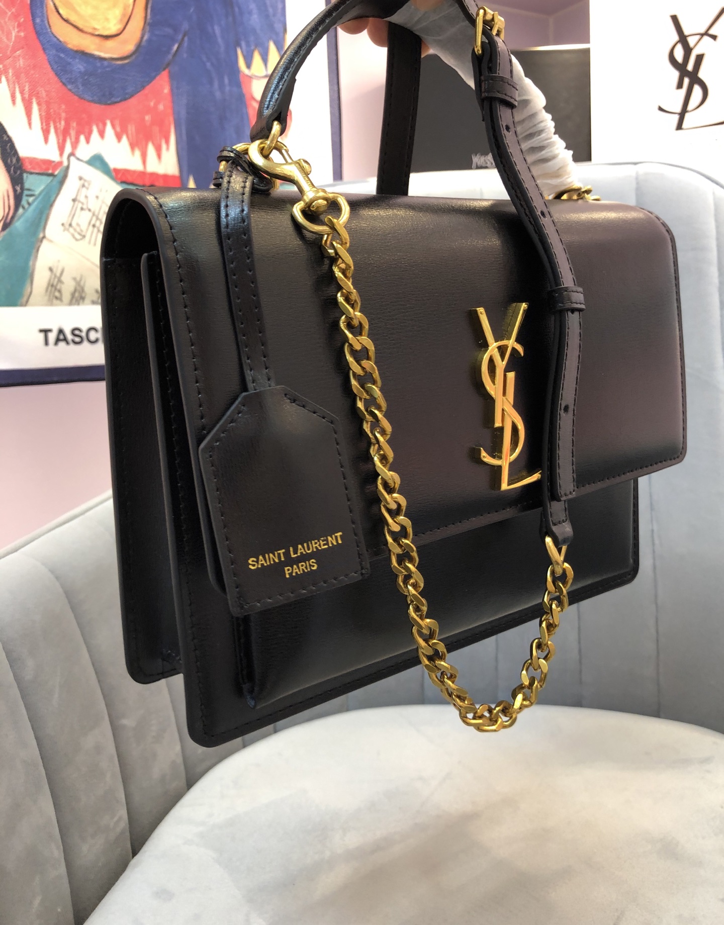 Saint Laurent YSL Sunset Top Handle Shoulder Bag Medium Black Gold - Bag