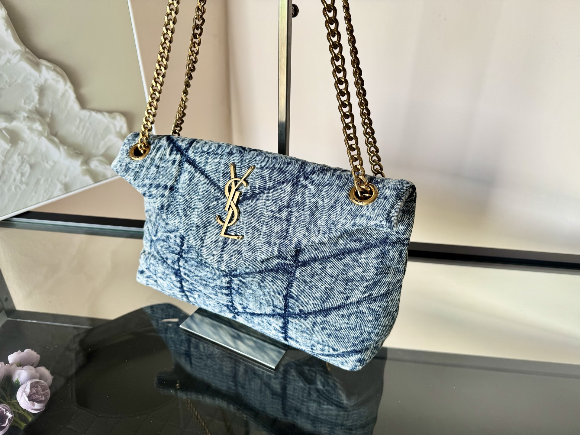Yves Saint Laurent YSL Loulou Puffer Denim Bag - Small Size