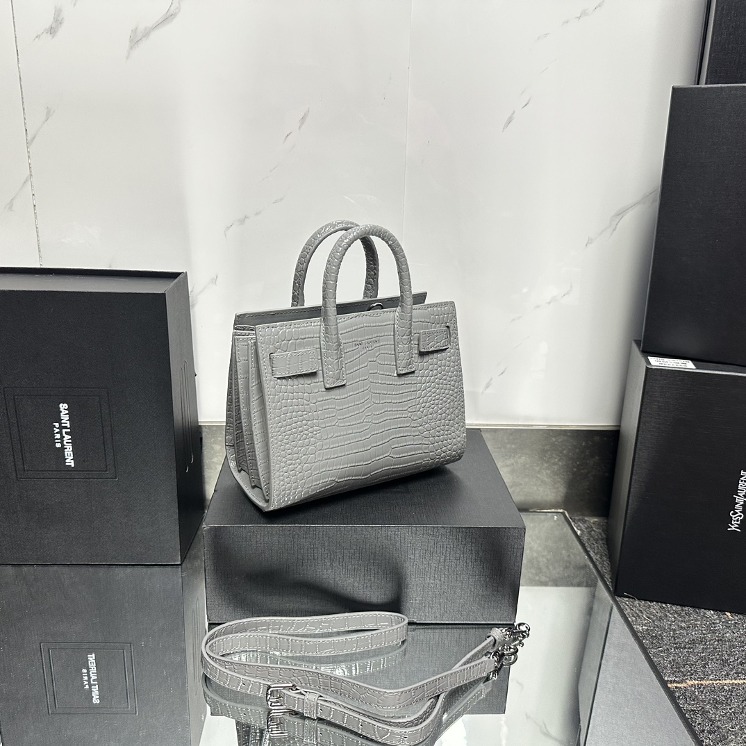 Saint Laurent Grey Croc Embossed Leather Nano Classic Sac De Jour Tote - Bag