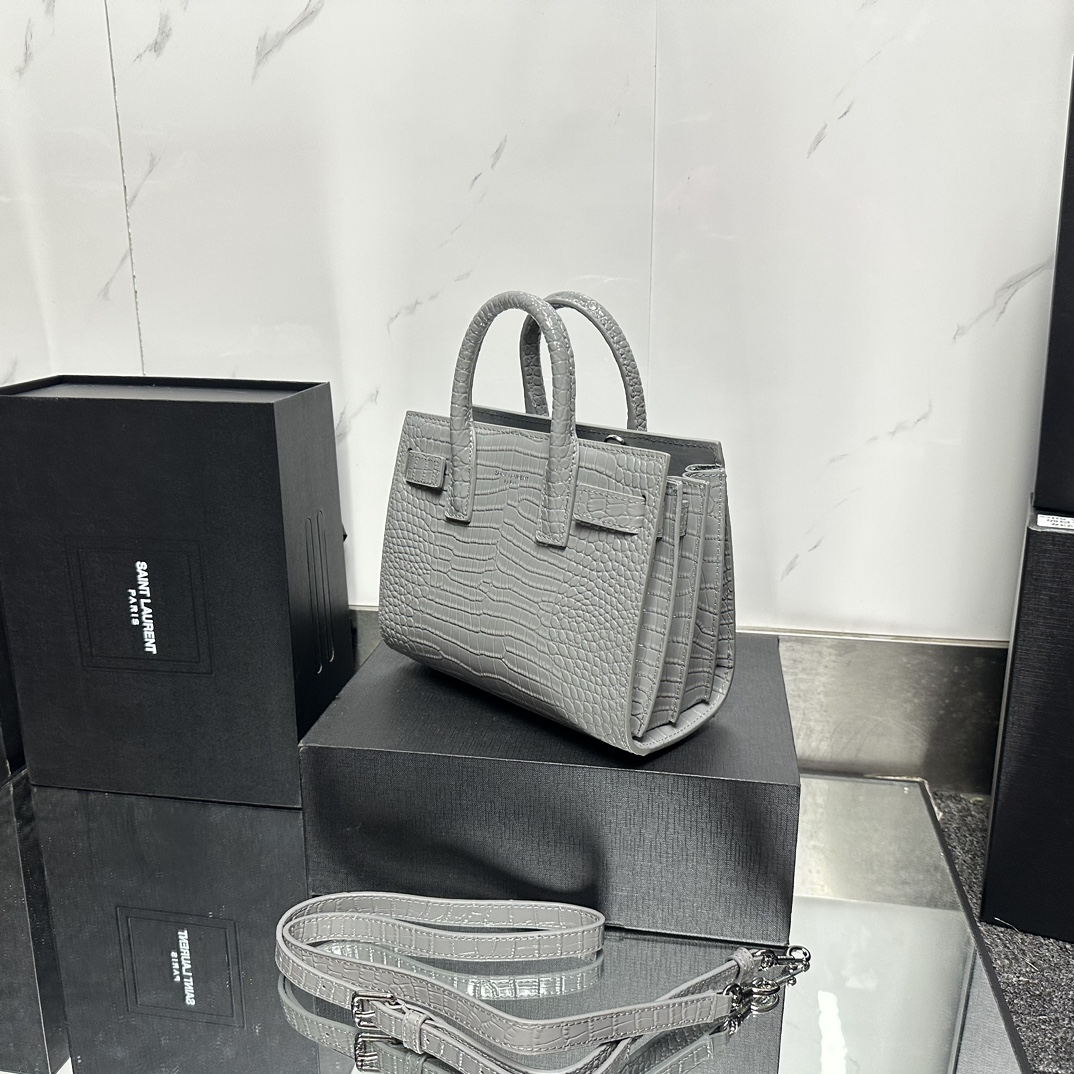 Saint Laurent Grey Croc Embossed Leather Nano Classic Sac De Jour Tote - Bag