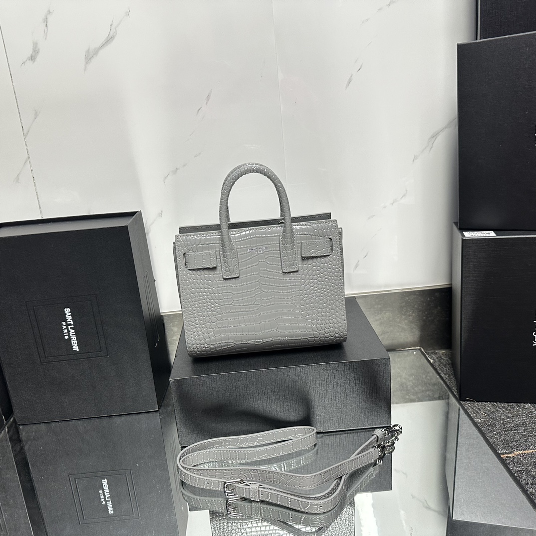 Saint Laurent Grey Croc Embossed Leather Nano Classic Sac De Jour Tote - Bag