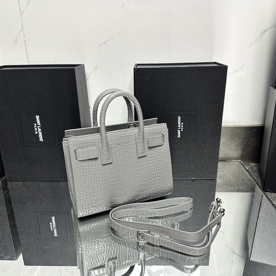 Saint Laurent Grey Croc Embossed Leather Nano Classic Sac De Jour Tote - Bag