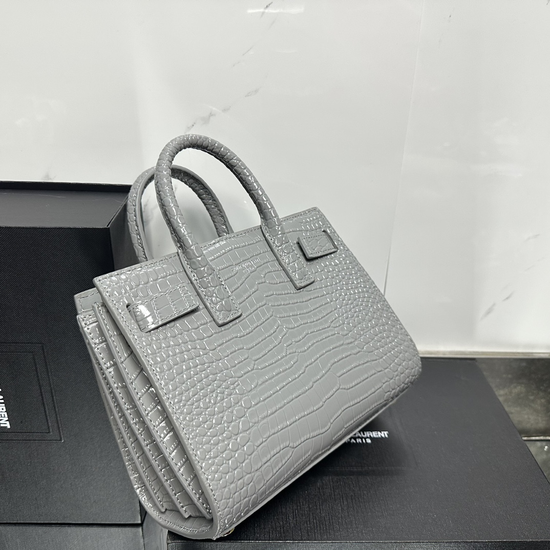 Saint Laurent Grey Croc Embossed Leather Nano Classic Sac De Jour Tote - Bag