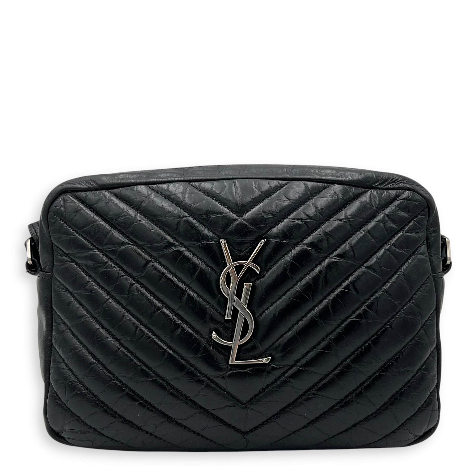 Lou Camera Shoulder Bag Black in Crinkled calfskin, Silver hardware