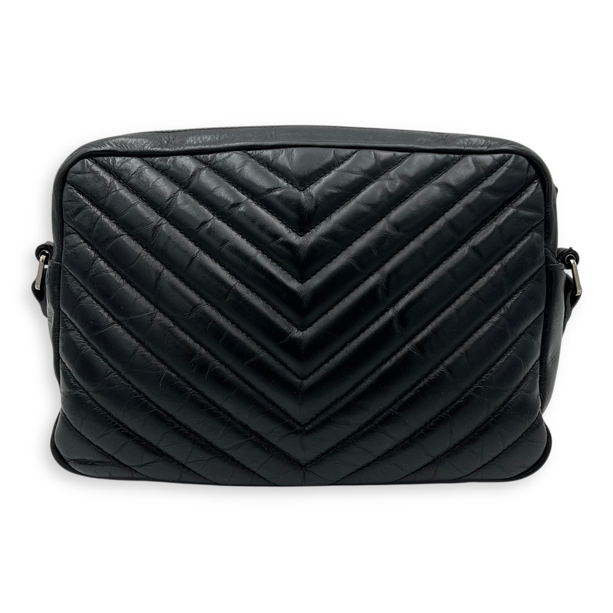 Lou Camera Shoulder Bag Black in Crinkled calfskin, Silver hardware
