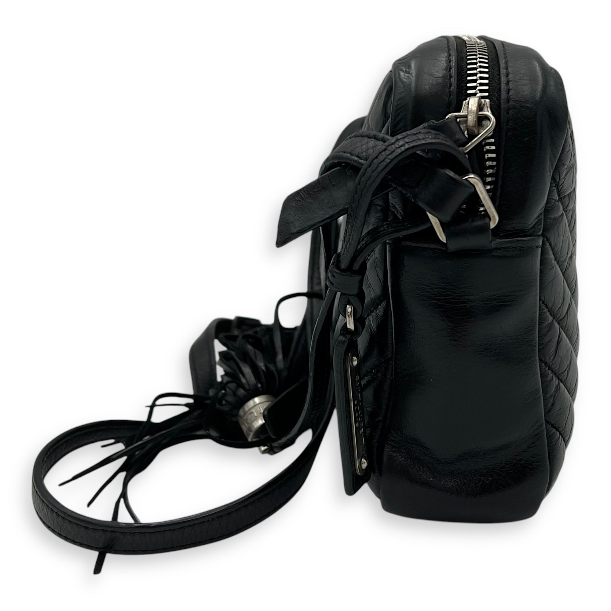Lou Camera Shoulder Bag Black in Crinkled calfskin, Silver hardware